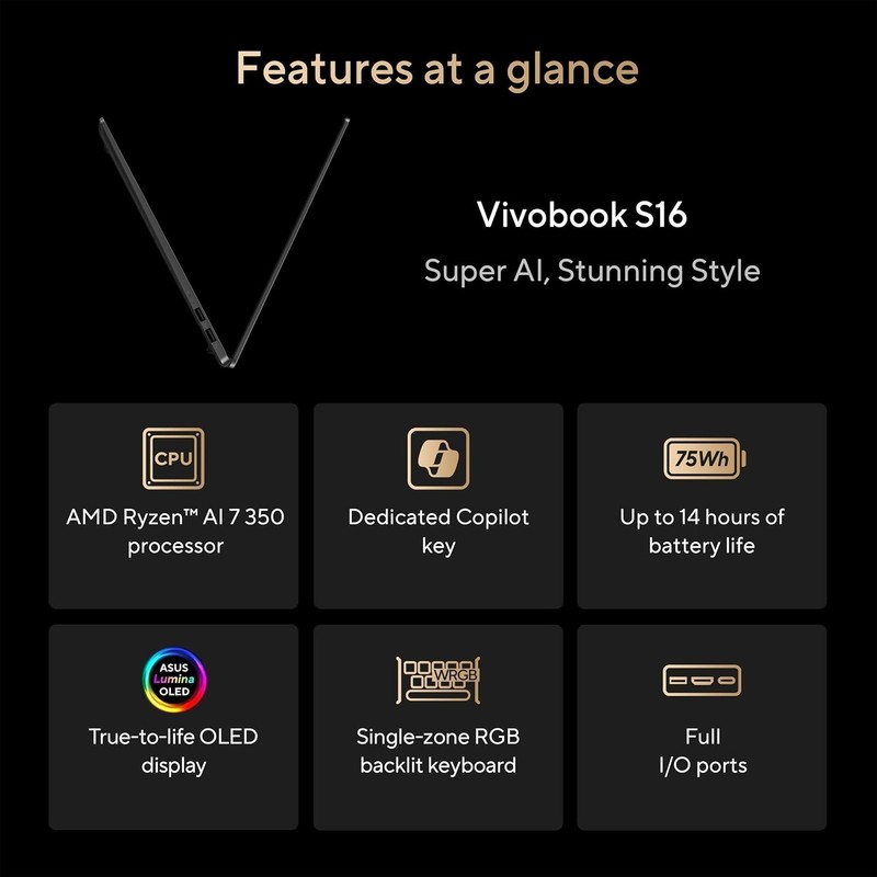 Asus Vivobook S16 16" 3K OLED 120Hz Laptop AMD Ryzen AI 7 350 16GB RAM 2TB SSD gallery