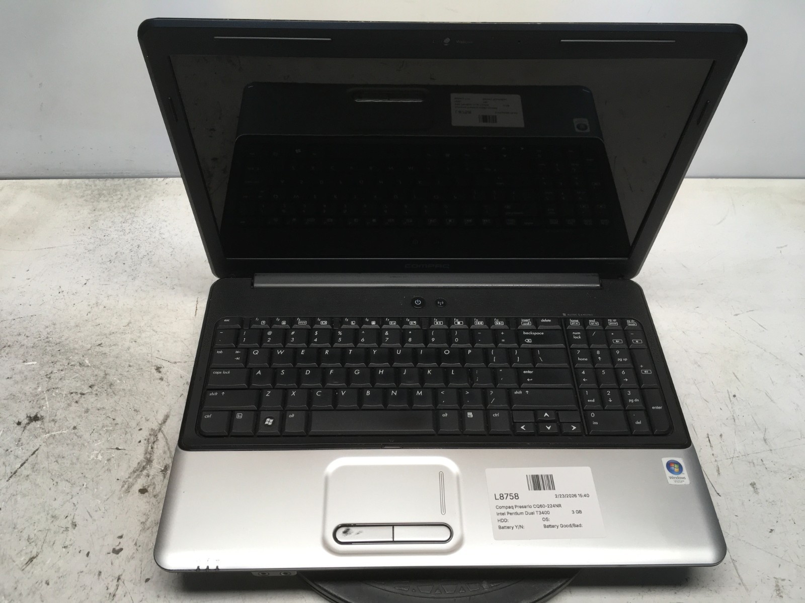 Compaq Presario CQ60-224NR Intel Pentium Dual T3400 2.16GHz 3 GB NO HDD gallery
