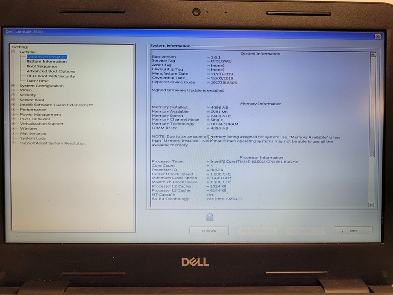 Dell latitude 3300 13.2" i5-8250u 1.60ghz 4gb ram no ssd*BIOS Lock parts 8T3LGW2 gallery
