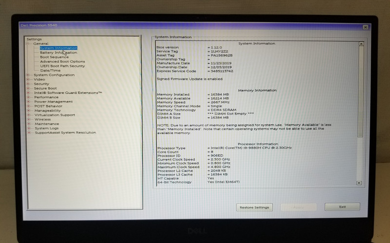 Dell Precision 5540 / Intel Core i9-9880H 2.30GHz / 16GB RAM / No SSD gallery