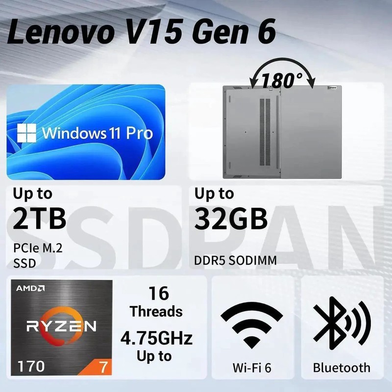 Lenovo V15 G6 15.6 FHD Laptop, AMD Ryzen 7 170, 16GB RAM, 1TB SSD, Win 11 Pro gallery