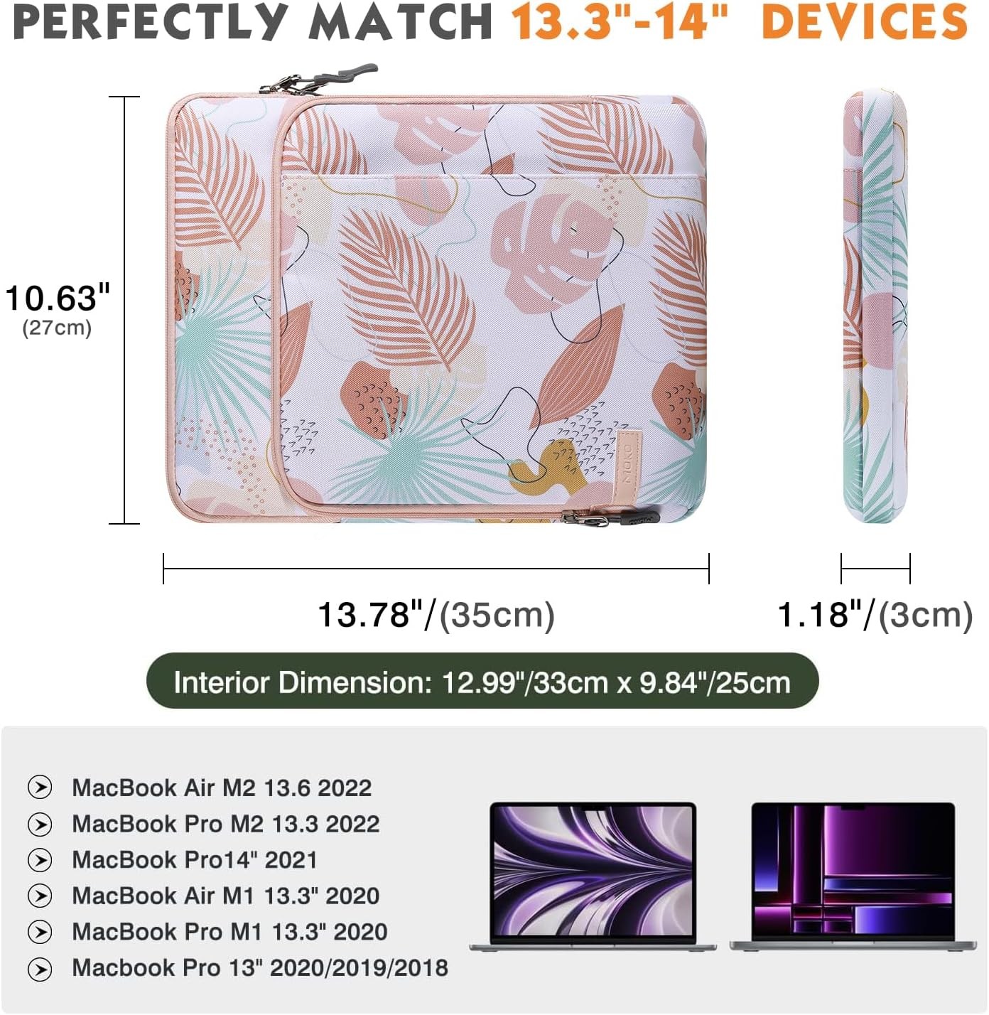Sleeve for 13.3-14 Inch Laptop, Notebook Carrying Case with Pocket, Tropical Lea gallery