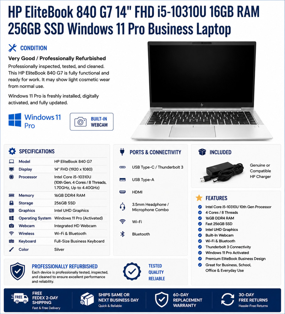 HP EliteBook 840 G7 14" i5-10310U 16GB RAM 256GB SSD Windows 11 Pro