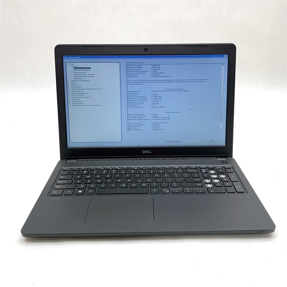 Dell Latitude 3580 15.6" HD Intel i3-7100U 2.40 GHz 4GB DDR4 No Drive, AC, Fair