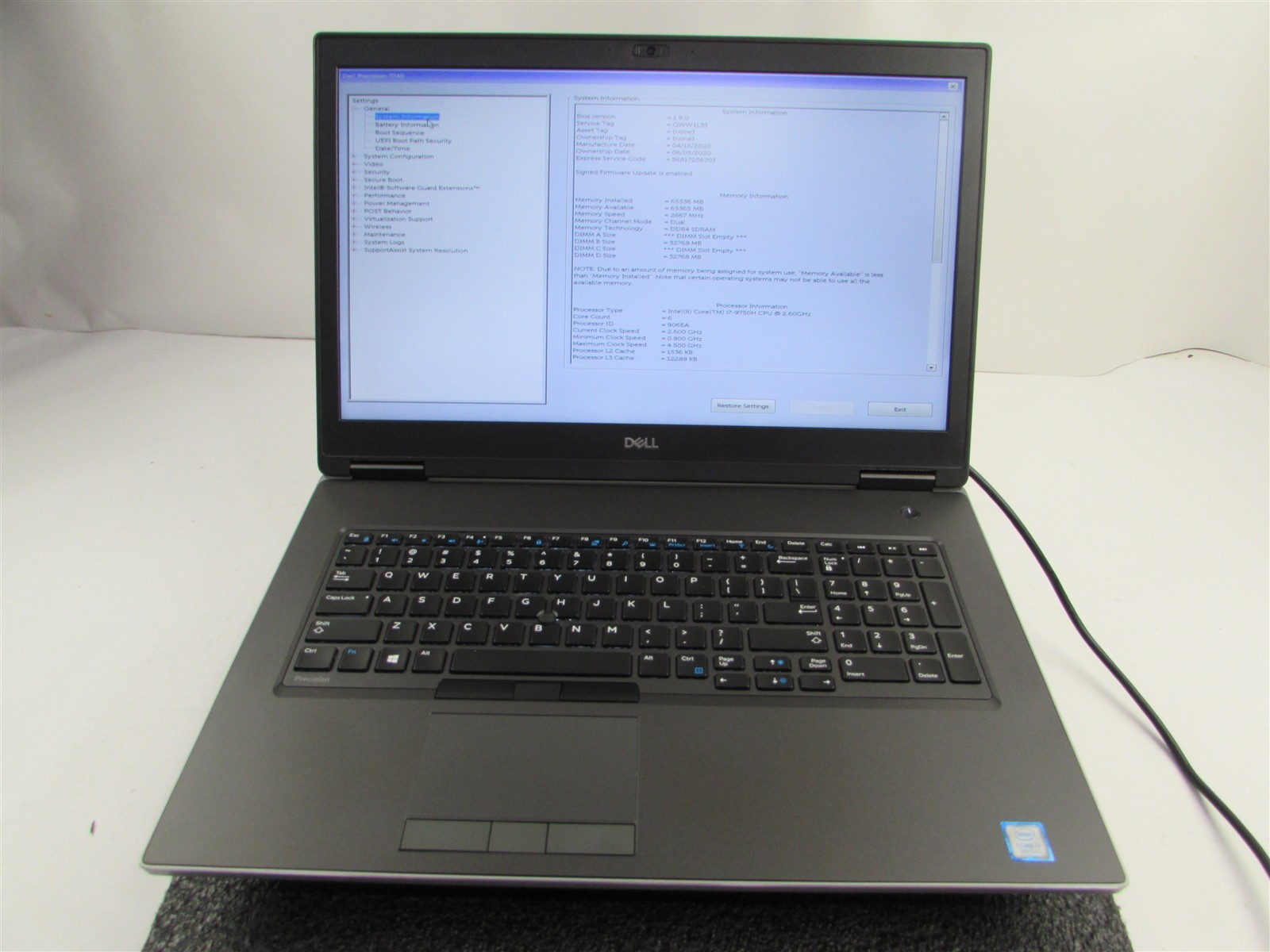 DELL PRECISION 7740 17.3" I7-9750H NO SSD 64GB RAM NVIDIA RTX 4000 NO O.S/BATT gallery