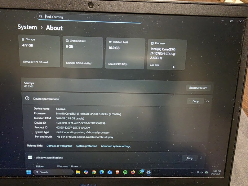 Dell G3 3500 laptop, Intel(R) Core(TM) i7-10750H CPU, 16gb Ram, 6gb Graphics gallery