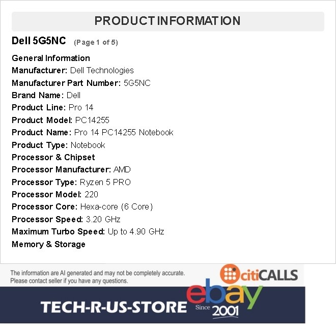 Dell 5G5NC Pro 14 PC14255 14" FHD+ Laptop Ryzen 5 220 16GB 256GB SSD Win11 Pro gallery