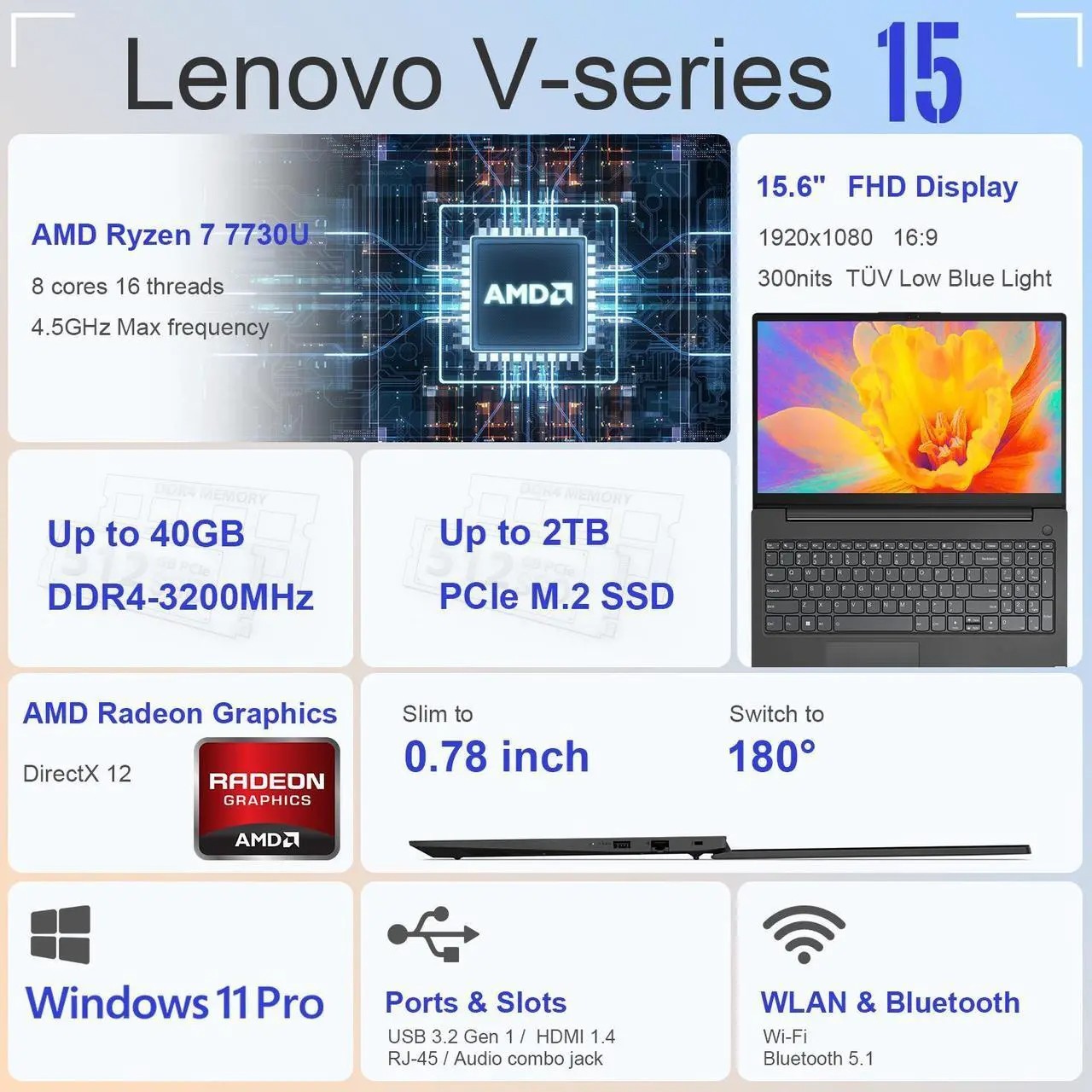 New Lenovo V15 G4 15.6" FHD 8-Core Ryzen 7 7730U Up 40GB + 4TB PCIe SSD Win 11P gallery