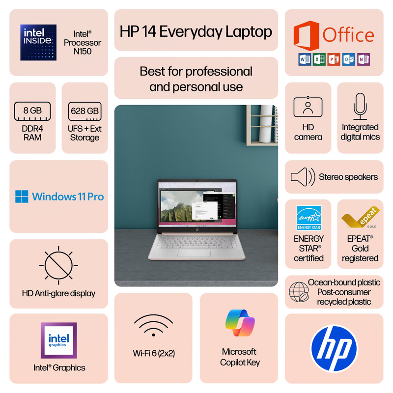 HP Laptop Computer 14", Intel N150, 8GB RAM + 256GB Storage, Windows 11 Pro gallery