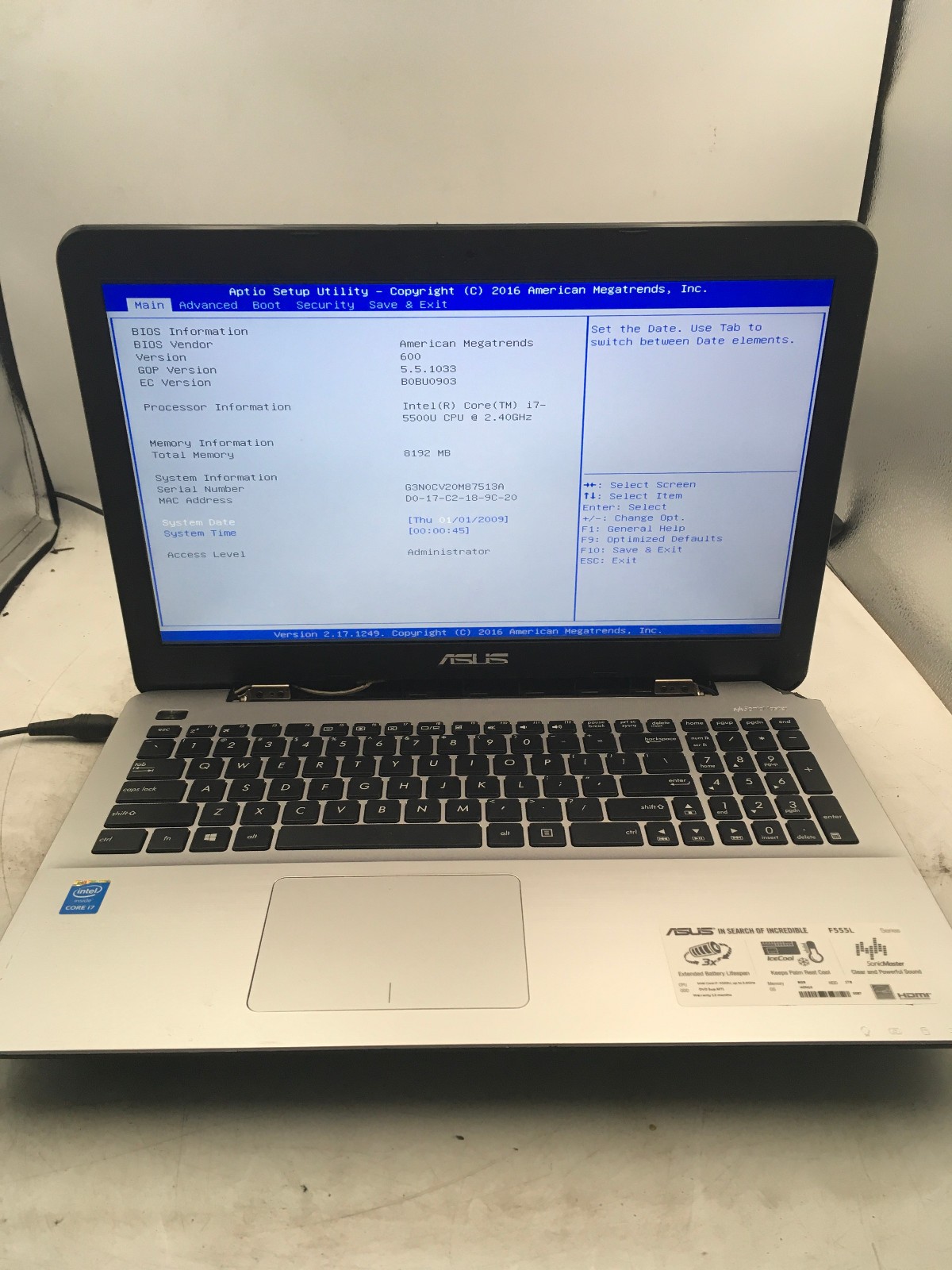 ASUS SONICMASTER F555L - BOOTS TO BIOS - INTEL 5500U - 8GB RAM - 15" - READ - BB gallery