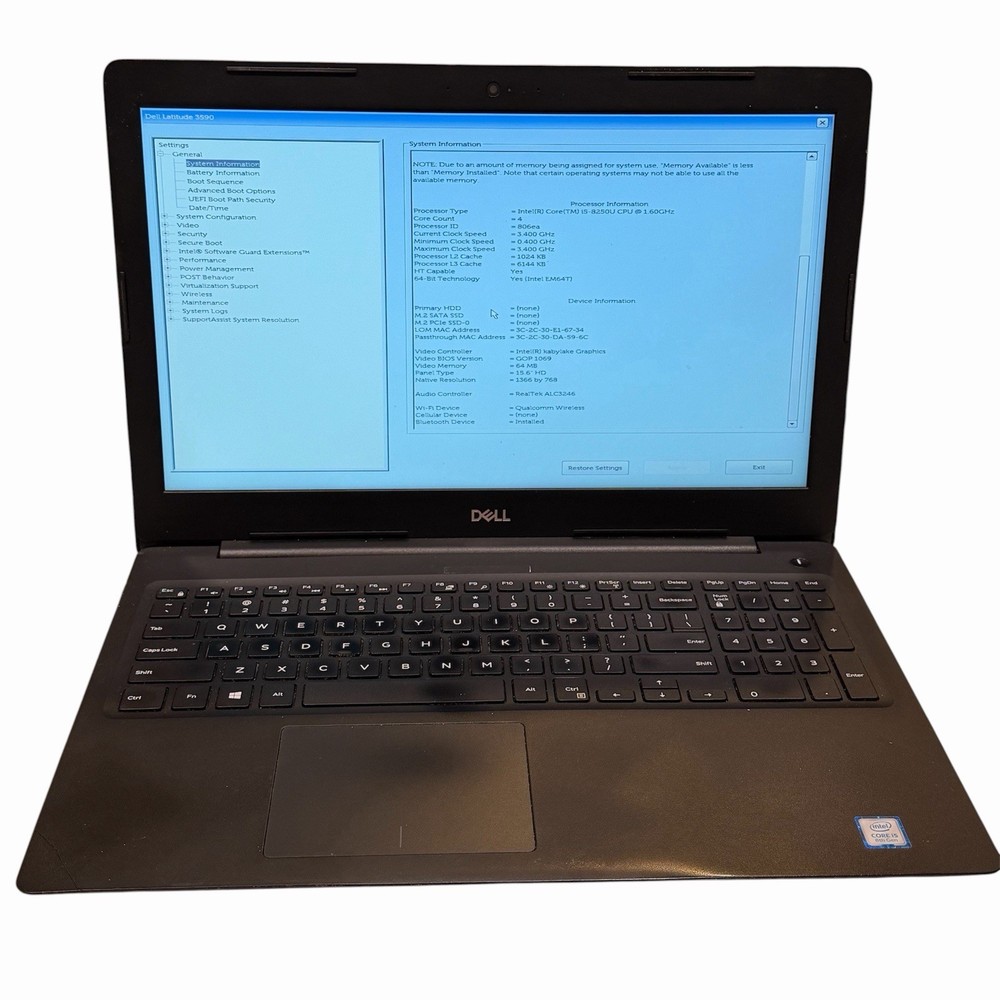 Dell Latitude 3590 i5-8250U 1.6GHz No RAM/No HDD Tested To Bios Cracked Case