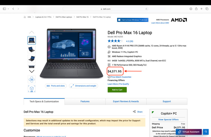 Dell Pro Max 16 MC16255 64GB RAM, 1TB SSD HDD AMD Ryzen AI 9 HX PRO *Open Box* gallery
