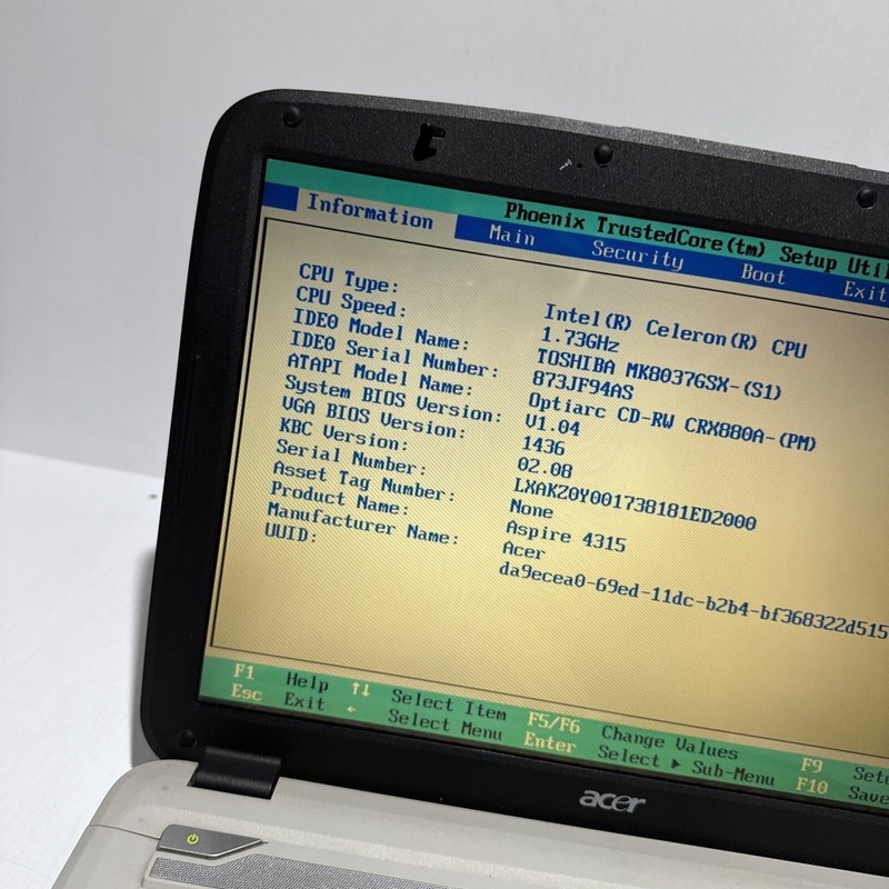 Acer Aspire 4315 14" Laptop Intel Celeron 530 1.5gb Ram 80gb HDD Boots Bios gallery