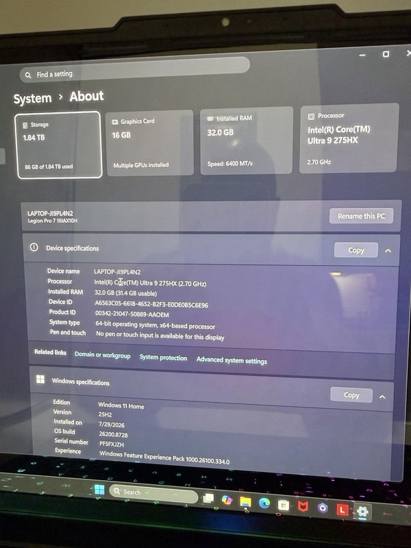 Lenovo Legion Pro 7i 16" Intel Ultra 9 32GB 2TB RTX 5080 100% Battery 13 Cycle gallery