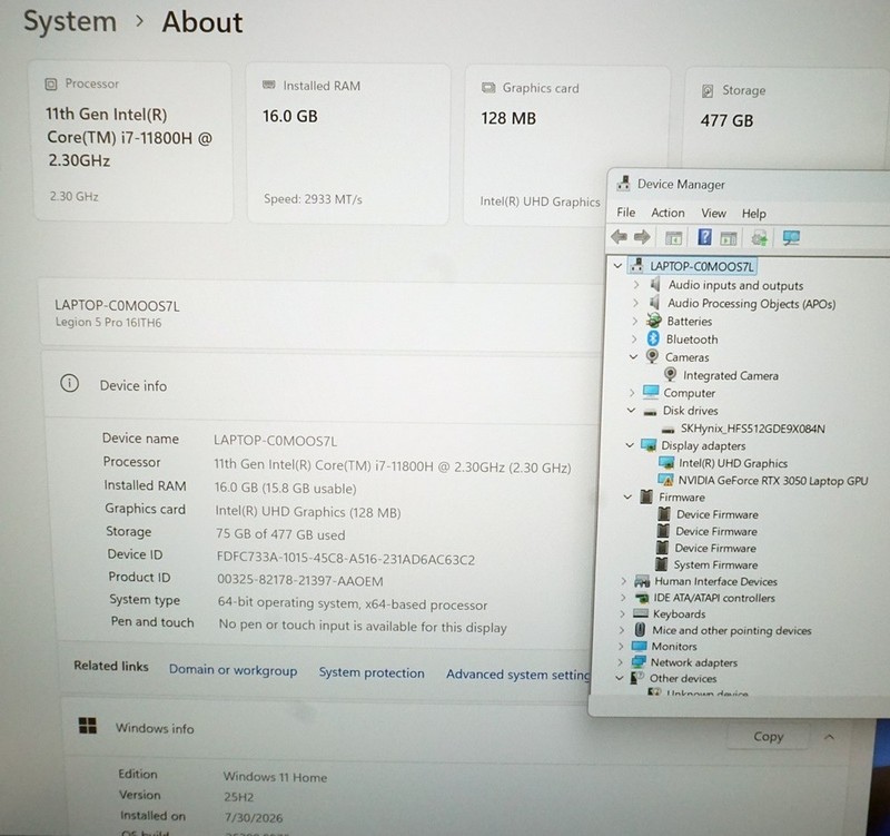 AS IS Lenovo Legion 5 Pro 16ITH6 16" 165Hz i7-11800H 16GB RAM 512GB SSD RTX 3050 gallery