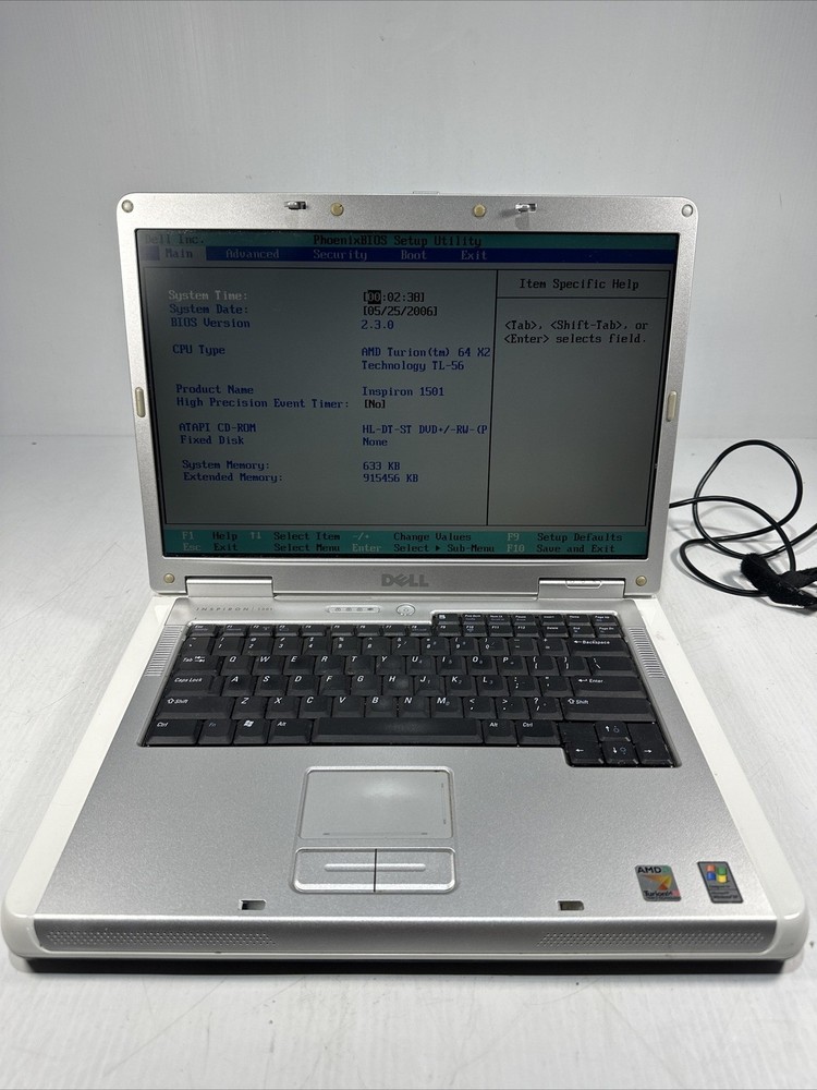 Dell Inspiron 1501 15" Laptop AMD Turion X2 64 1gb Ram No Drives Boots Bios