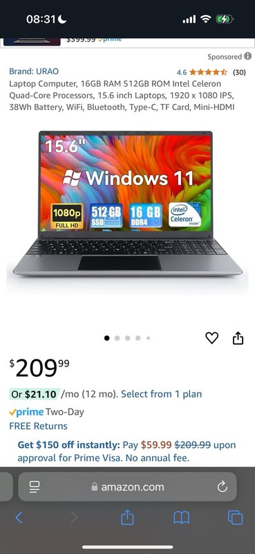URAO Laptop 15.6" DDR4 512GB SSD Intel Celeron N5095 Windows 11 gallery