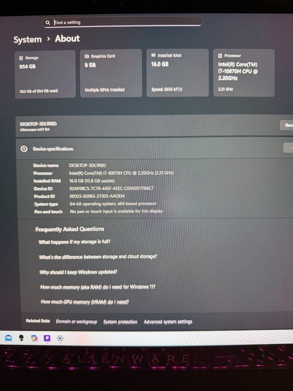 Alienware m17 R4 Gaming Laptop RTX 3070 i7-10870H 16GB RAM 954GB SSD White 17" gallery