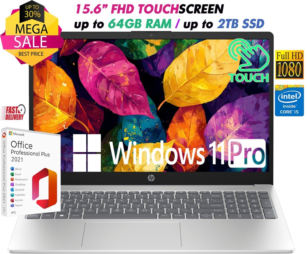 HP Laptop 15" FHD Touch Intel i5-1235U Up to 64GB RAM & 2TB SSD Win11 Pro+OFFICE