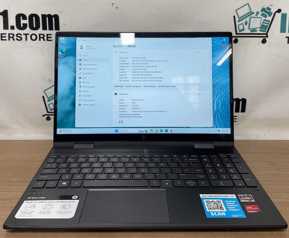 HP ENVY x360 2-1 Touch 15.6 W11H AMD Radeon AMD Ryzen 5 2.4Ghz 8gb RAM 256gb SSD