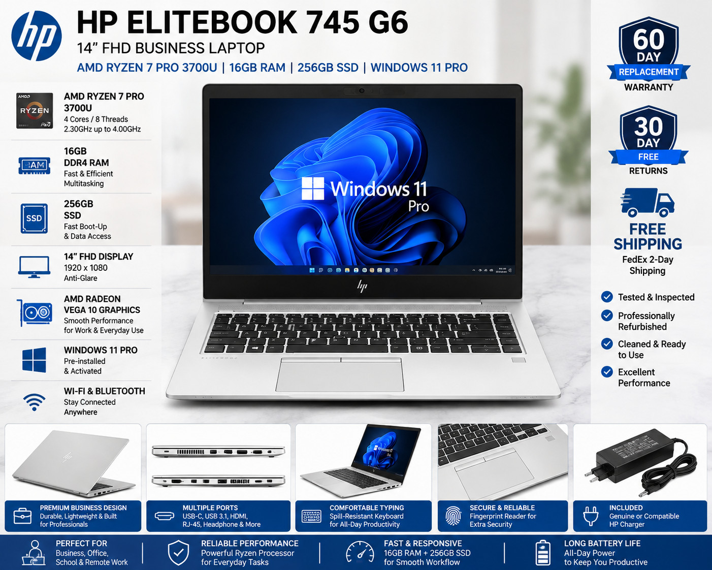 HP EliteBook 745 G6 14" FHD Ryzen 7 PRO 3700U 16GB 256GB SSD Win11 Pro gallery