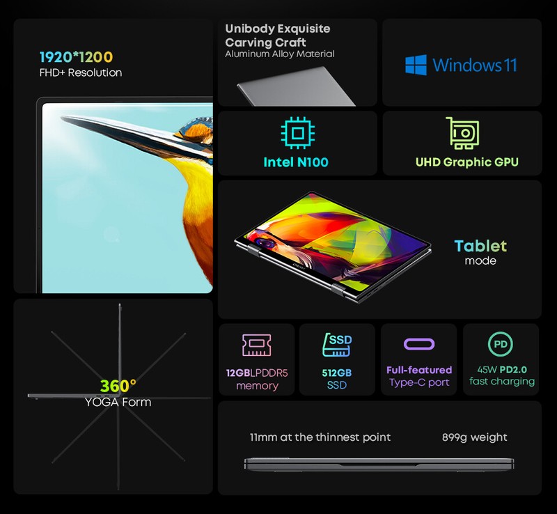 CHUWI 10.51'' MiniBook X Windows 11 Laptop LPDDR5 12GB 512GB SSD Intel N5100 gallery
