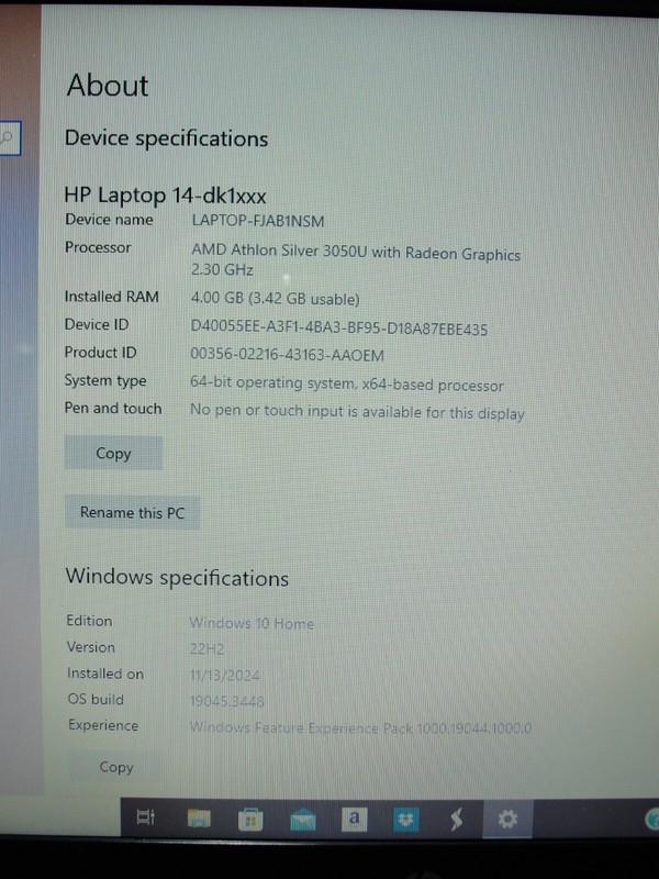 HP 14-DK1003DX 14” FHD AMD Athlon Silver 3050U 2.3GHz 4GB 128GB SSD + Charger gallery