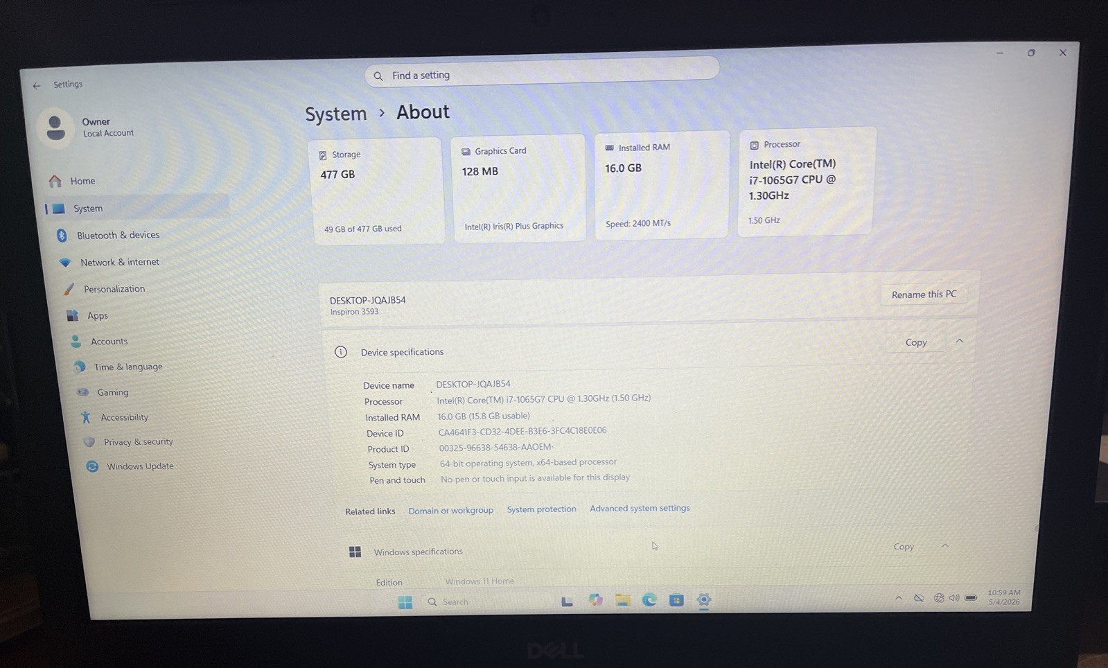 Dell Inspiron 3593 15.6" i7-1065G7@1.30GHz, 16GB RAM, 512GB M2, W11H *READ* gallery