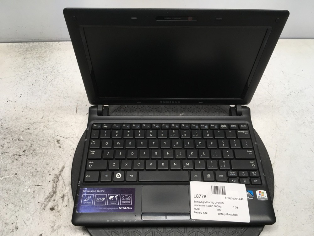 Samsung NP-N150-JPB1US Intel Atom N450 1.66GHz 1 GB NO HDD