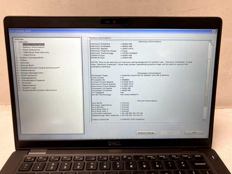 Dell Latitude 5401 14" Intel i5-9400H @2.50GHz 8GB RAM NO SSD For Parts *READ gallery