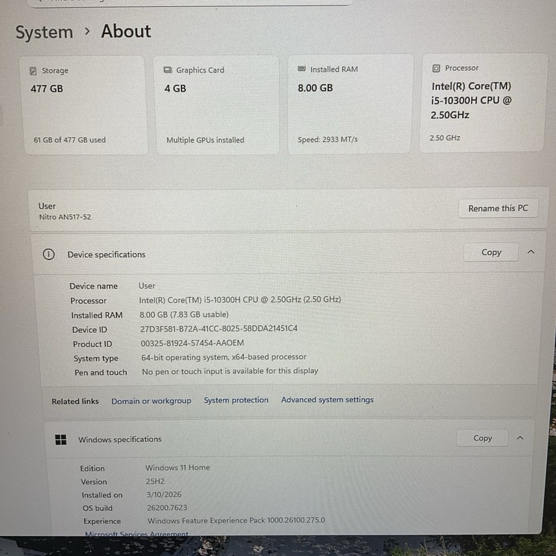 Acer Nitro 5 V Laptop Intel i5-10300H 8GB RAM 512GB SSD GeForce GTX1650 Ti gallery