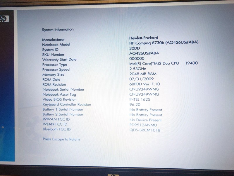 HP Compact 6730b Core 2 Duo t9400 2GB Ram Boots to Bios, Case Broken! For parts! gallery