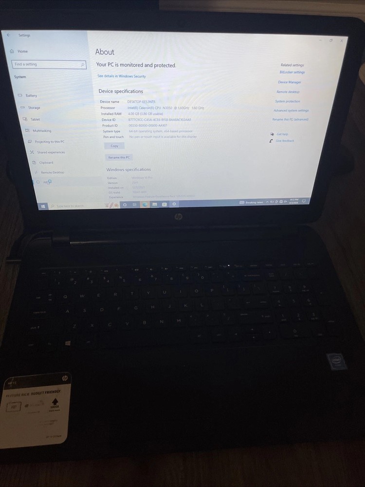 HP 15-F233wm 15.6” Intel Celeron 4GB RAM 500GB Laptop - W/charger Dead Battery