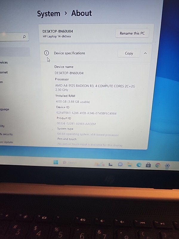 14' Hp 14-dk0095nr Laptop AMD A4-9125 / 4GB / 128 Gb M.2 Windows 11 Home gallery