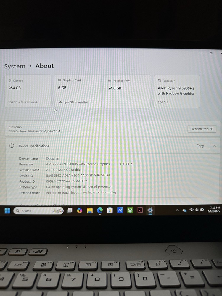 ASUS ROG Zephyrus G14 Laptop, 24g, 1TB, Ryzen 9 5900 with Radeon Graphics