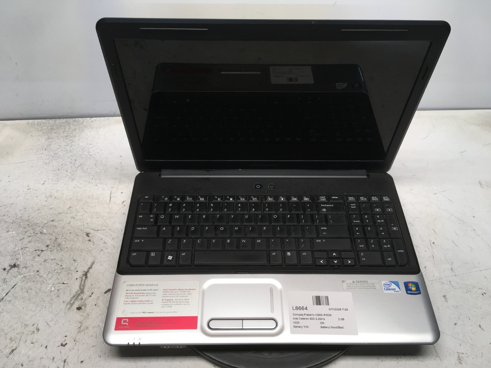 Compaq Presario CQ60-615DX Intel Celeron 900 2.2GHz 2 GB NO HDD gallery