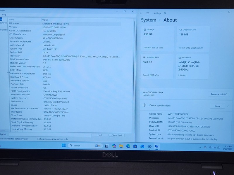 DELL Latitude 5501 15" Laptop i7-9850H 2.6 GHz 16GB RAM 256GB SSD W11P + AC gallery