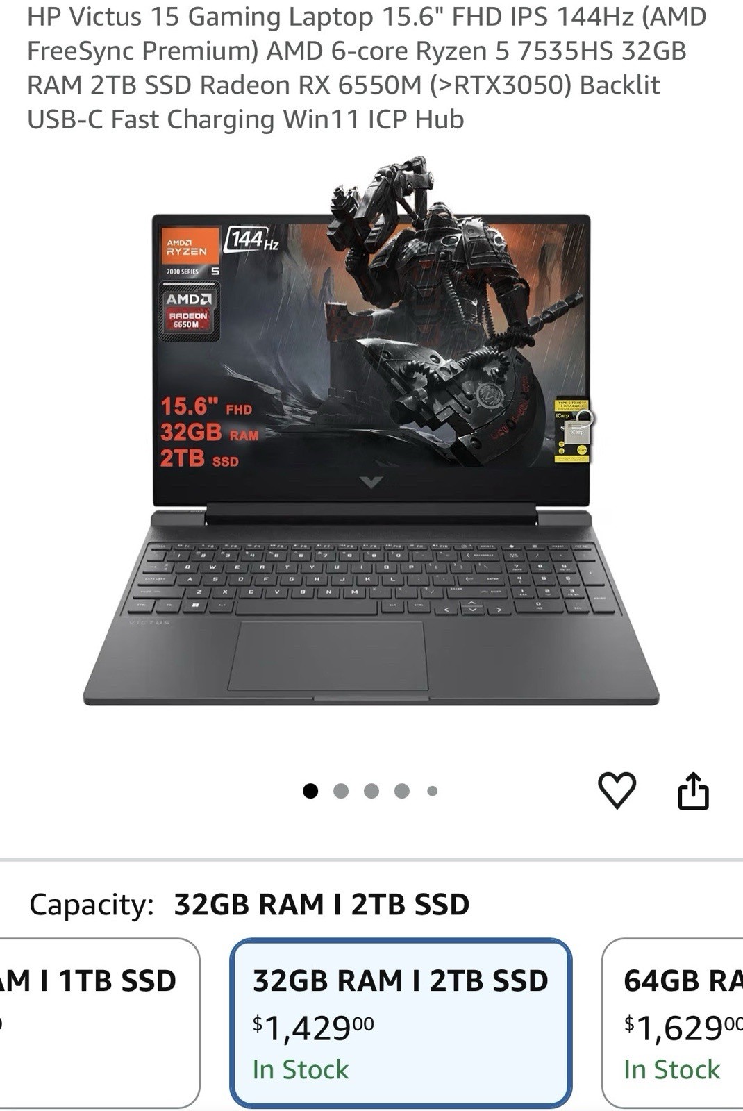 HP Victus 15 15.6" FHD 144Hz Ryzen 5 32GB 2TB SSD RX 6550M USB-C Black gallery