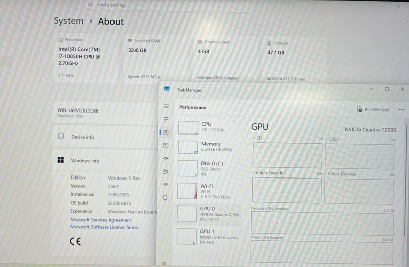 Dell Precision 7550 15.6" Intel i7-10850H | 32GB RAM | 512GB NVMe | T2000 | W11P gallery