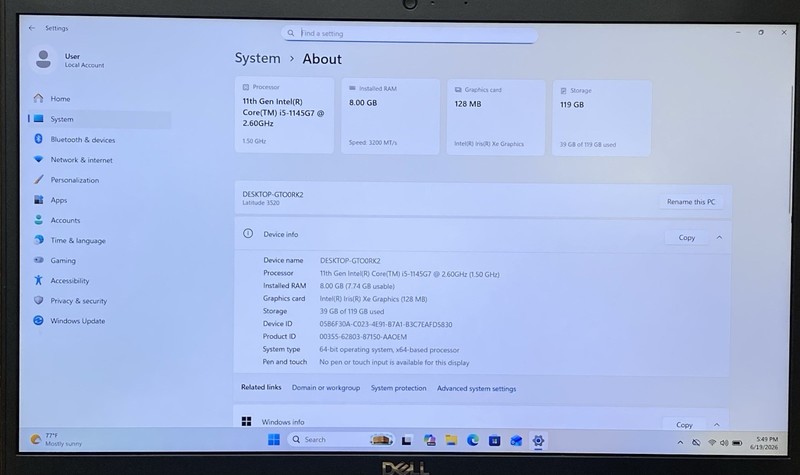 DELL LATITUDE 3520 Core i5-1145G7 @ 2.60GHz 128GB SSD 8GB RAM Windows 11 Pro gallery