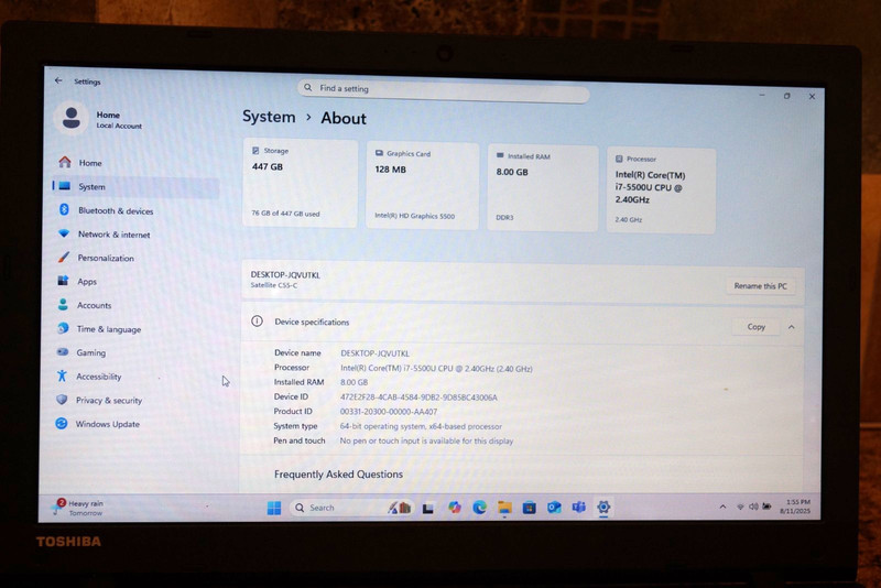 Active 24H2 WIN11 Pro Toshiba C55-C5381 Gen5 i7@2.40GHz,8GB RAM 480GB SSD gallery