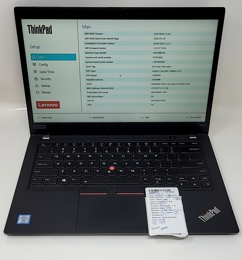 LENOVO ThinkPad T490 20N3S88U0K Laptop Intel I7-8665U 16GB 256GB SEE NOTES gallery