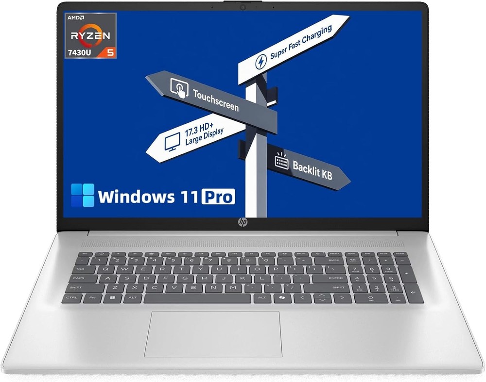 HP 17.3" Touch Laptop HD+ AMD Ryzen 5 7430U Win 11 Pro 8GB RAM, 256B SSD Silver