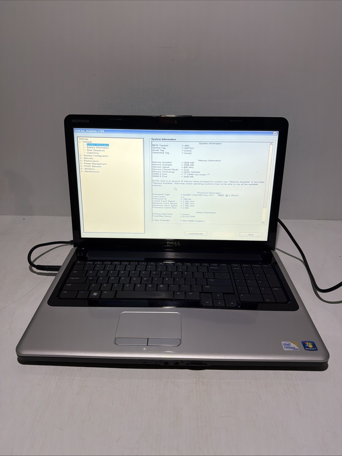 Dell Inspiron 1750 17" Laptop Core 2 Duo T6600 2gb Ram NO Drives Boots Bios gallery
