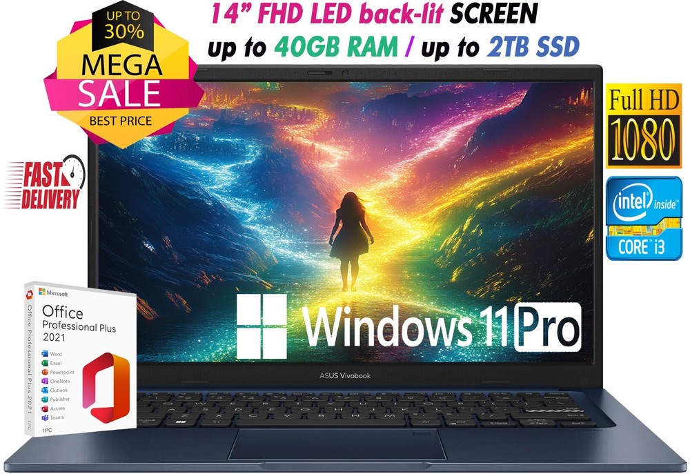 ASUS Laptop 14" FHD Intel i3-1215U Up to 40GB RAM & 2TB SSD Windows11 Pro+OFFICE