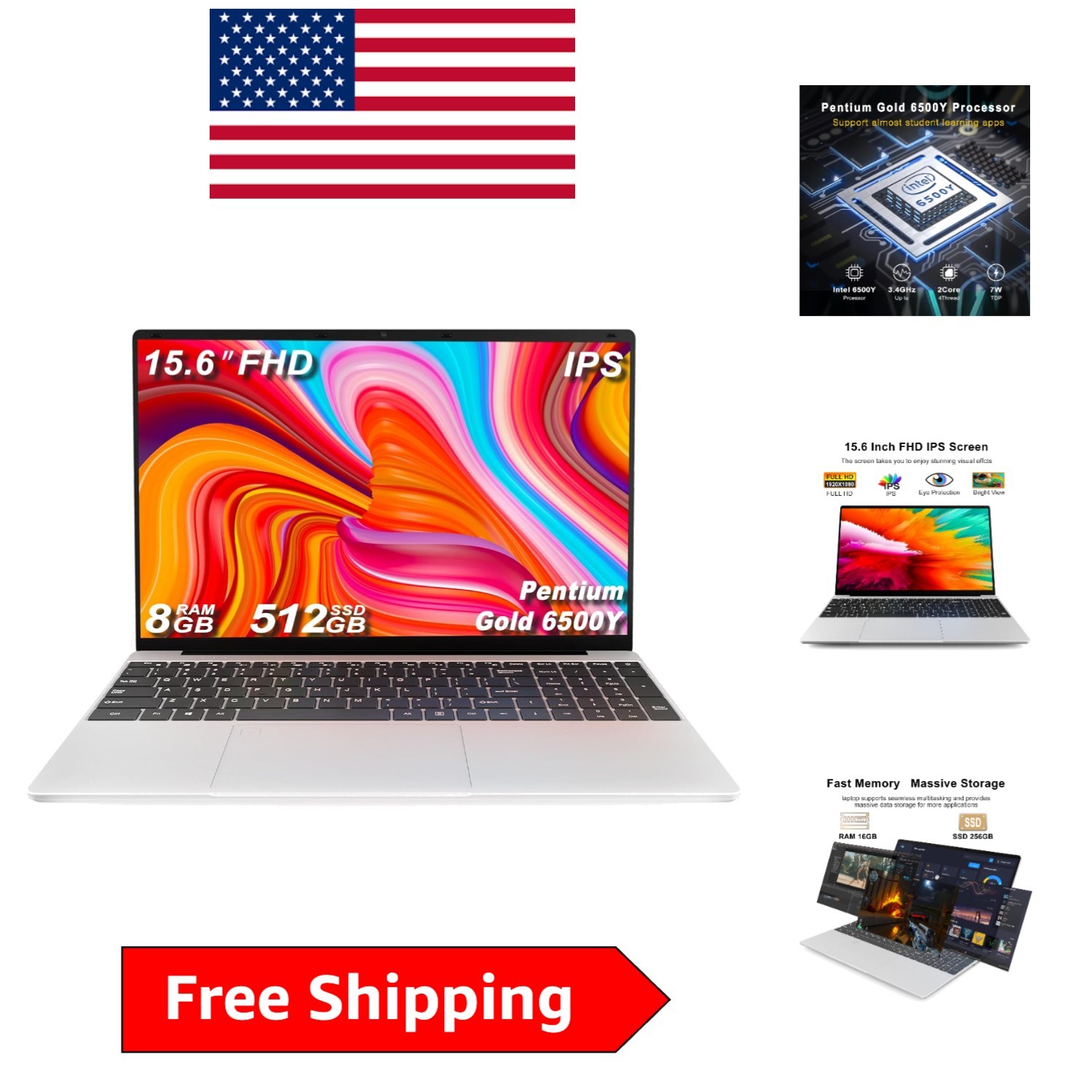 Portable 15.6 Inch FHD Laptop, 8GB RAM, SSD, Fingerprint Reader, Windows 11 gallery