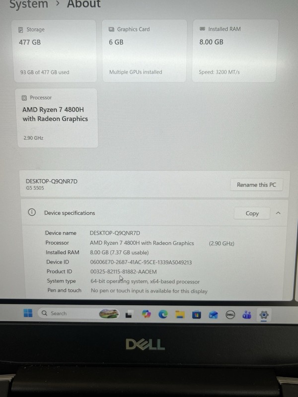 Dell G5 SE 15.6 inch 512GB HD, Ryzen 7, 2.90GHz, 8GB, Radeon 4800H 6GB Graphics gallery