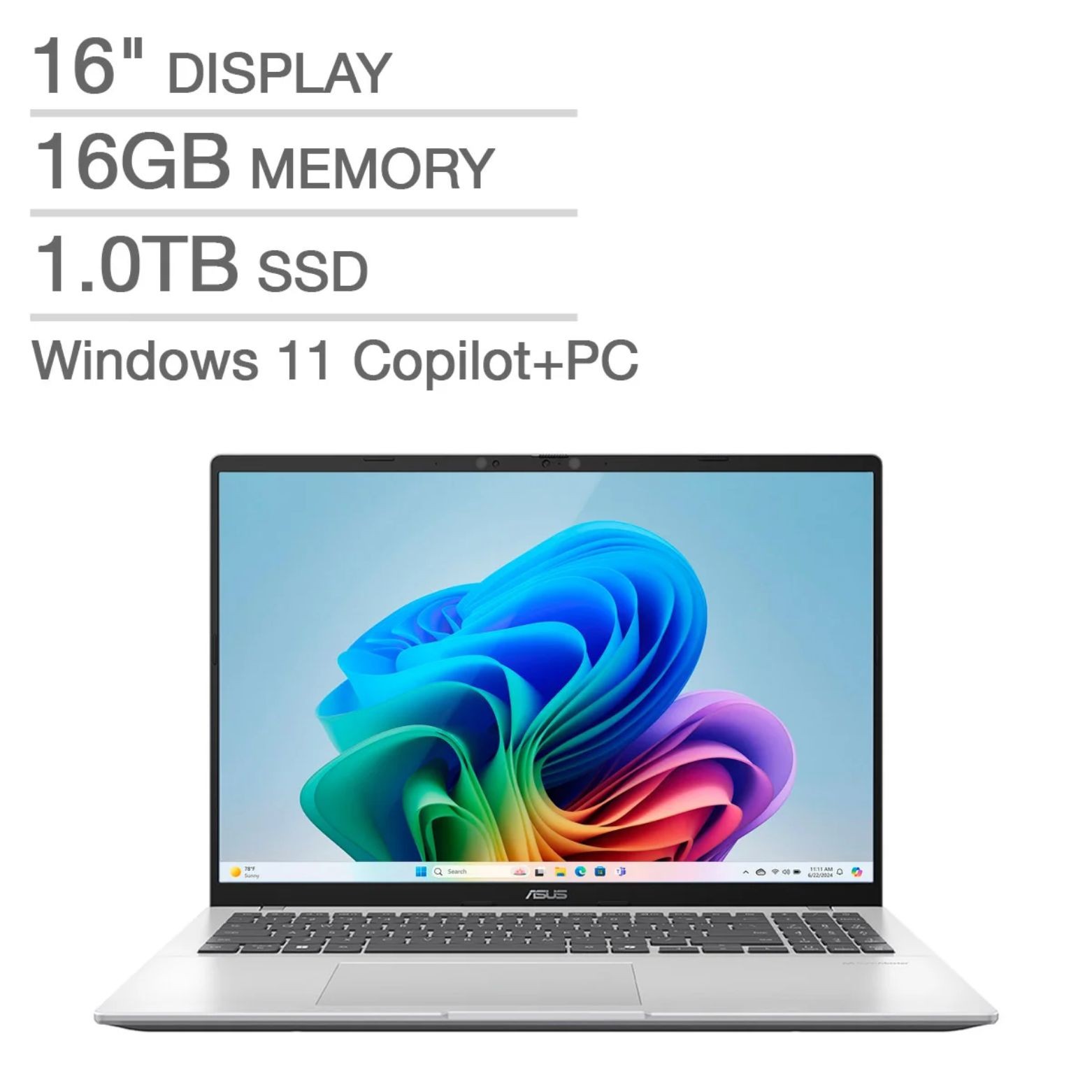 ASUS Vivobook 16 Copilot+ 16" WUXGA Snapdragon X - X126100 16GB 1TB SSD W11H SL gallery