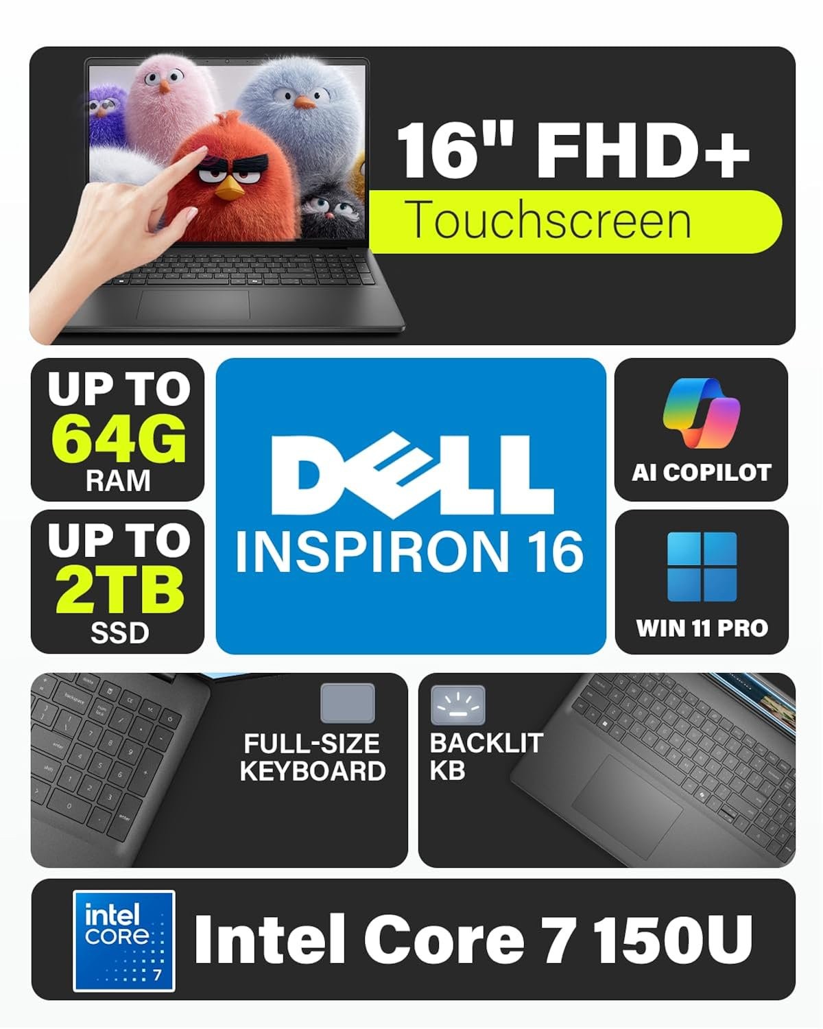 Dell 16 Laptop 16GB DDR5 1TB SSD Intel Core 7-150U Touchscreen Windows 11 gallery