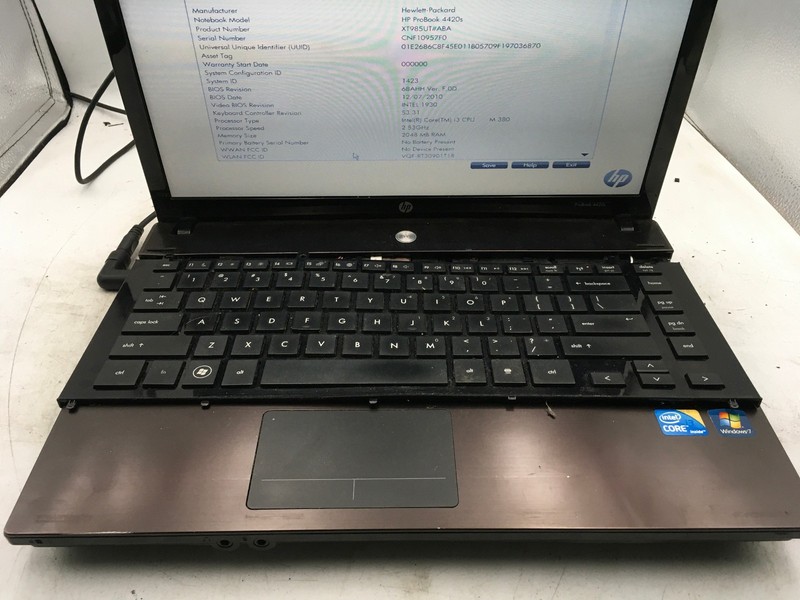 HP PROBOOK 4420S - BOOTS TO BIOS - INTEL I3 M380 - NO RAM - READ DESCRIP - BB gallery